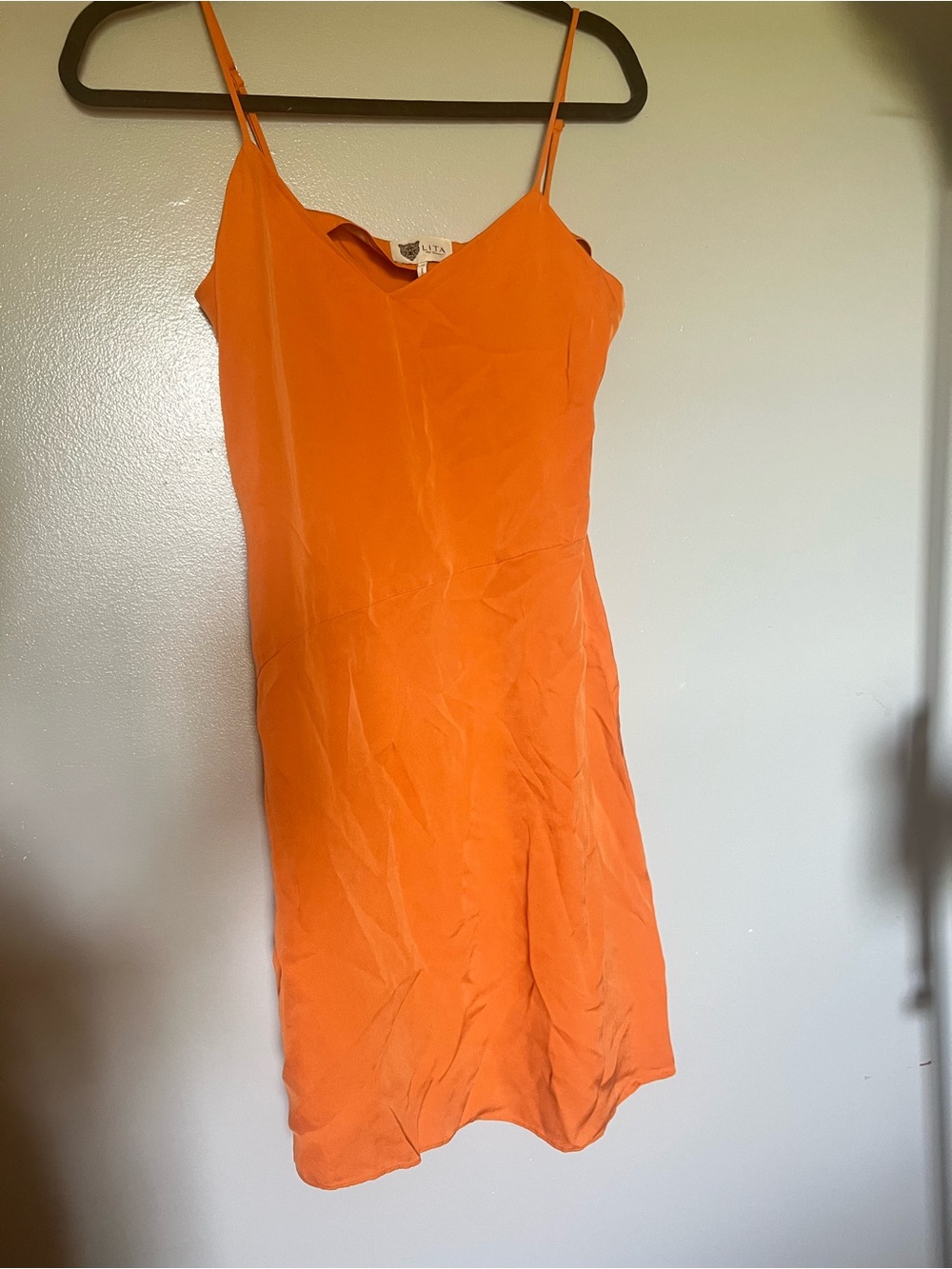 100% silk Bright Orange Slip Mini Dress with Adjustable Spaghetti Straps